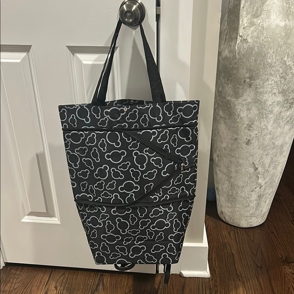 Foldable shopping bag with wheels reusable tote black and white - Picture 2 of 9